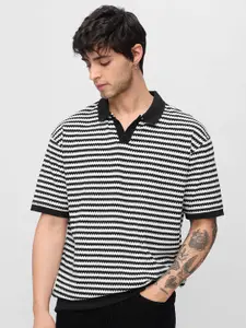The Souled Store Men Striped Polo Collar Cotton Oversized T-shirt