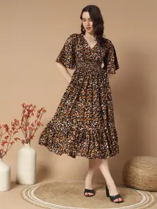 Raiyani Fashion Women Animal Print Flared Sleeve Fit & Flare Midi Dress