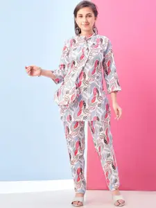 Sangria Girls Floral Printed Mandarin Collar Top And Trousers