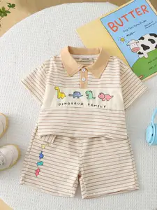 INCLUD Boys Striped Dinosaur Polo Collar T-shirt With Shorts