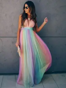 bebe Rainbow Ombre Plunge Neck Maxi Dress