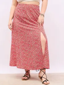 Berrylush Curve Floral Print High-Rise Side Slit Flared A-Line Maxi Skirt