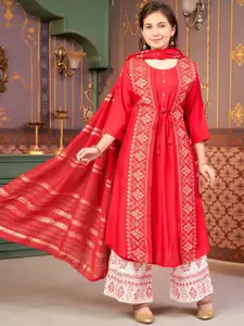 Sangria Girls Ethnic Motifs Foil Printed Silk A-Line Kurta