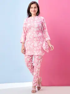 Sangria Girls Floral Printed Mandarin Collar Top And Trousers