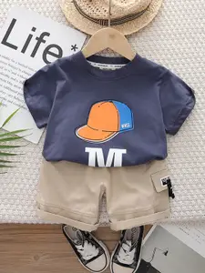 INCLUD Boys Cap Printed Round Neck T-shirt With Shorts