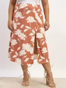 Berrylush Curve Plus Size Floral Print High-Rise Side Slit A-Line Midi Skirt