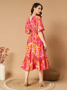 Raiyani Fashion Women Abstract Print Flared Sleeve Smocked Fit & Flare Midi Dress