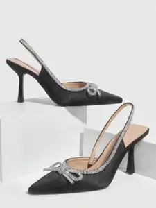 PURPLEHUNT Embellished PU Slim Heeled Pumps with Bows