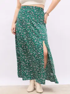 Berrylush Curve Floral Print High-Rise Side Slit Flared Maxi Skirt