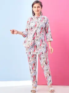 Sangria Girls Floral Printed Mandarin Collar Top And Trousers