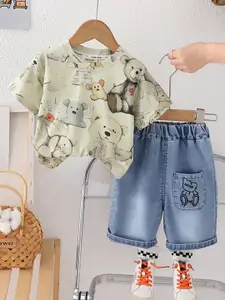 INCLUD Boys Teddy Printed Round Neck T-shirt With Shorts