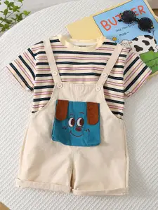 INCLUD Boys Striped T-shirt With Puppy Patch Dungaree Set
