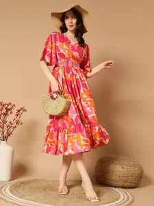Raiyani Fashion Women Abstract Print V-Neck Flared Sleeve Midi Fit & Flare Dress