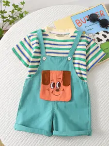 INCLUD Boys Striped T-shirt With Puppy Patch Dungaree Set