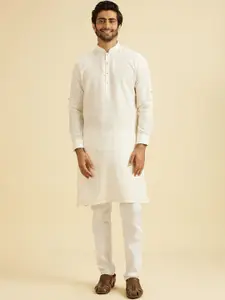 Manyavar Checked Mandarin Collar Linen Straight Kurta