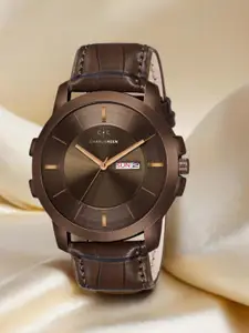 CHARLIEKEEN Men Brass Dial & Leather Straps Analogue Watch CC-GR100-BRW-BRW