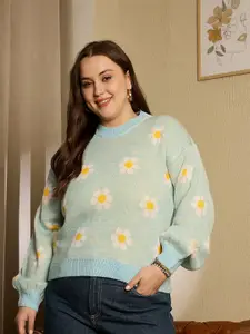 Berrylush Curve Women Floral Printed Ribbed Pullover