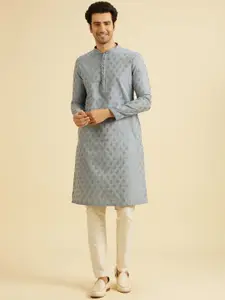 Manyavar Floral Woven Design Mandarin Collar Straight Kurta With Pyjamas