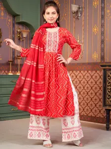 Sangria Girls Bandhani Printed Round Neck Thread Work Straight Kurta