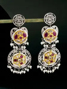 ATIBELLE Silver-Plated Artificial Stones Studded And Beaded Contemporary Drop Earrings