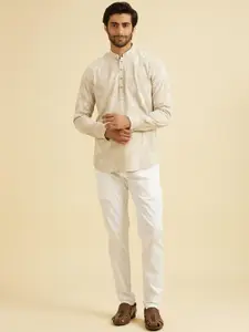 Manyavar Embroidered Mandarin Collar Linen Short Kurtas