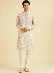 Manyavar Floral Printed Mandarin Collar Linen Straight Kurta