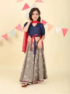 Fabindia Girls Striped V Neck Cotton Blouse With Lehenga & Dupatta