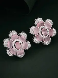 ATIBELLE Silver-Plated Cubic Zirconia Studded Floral Shaped Studs Earrings