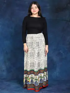 Exotic India Women Off-White Warli Folk Printed Long Skirt with Dancing Couples