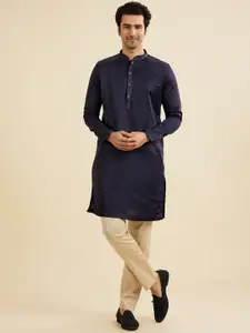 Manyavar Floral Striped Yoke Design Mandarin Collar Thread Work Satin Straight Kurta And Pyjamas
