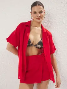 Trendyol Lapel Collar Shirt & Mini Skirt With Bralette Top