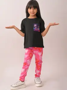 Anthrilo kids Girls Summer Planet Printed Round Neck T-shirt Leggings Clothing Set