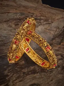 Kushal's Fashion Jewellery Set Of 2 Coral Gold-Plated Stones Studded Antique Bangles