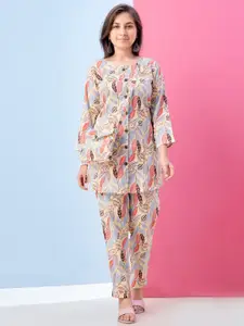 Sangria Girls Floral Printed Round Neck Top And Trousers