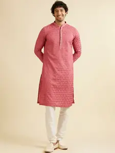 Manyavar Floral Embroidered Thread Work Mandarin Collar Art Silk Kurta with Churidar