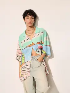 ONLY Women Oversized Fit Cuban Collar Abstract Printed Casual Shirt