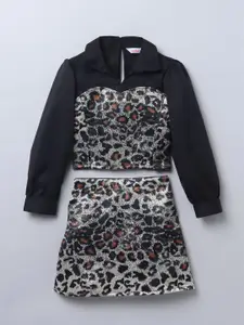 taffykids Girls Animal Printed Shirt Collar Top With Skirt