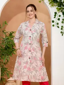 Meher Impex Floral Printed Lapel Collar Rolled-Up Sleeves Cotton A-Line Kurta