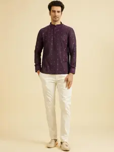 Manyavar Woven Design Mandarin Collar Thread Work Art Silk Short Kurtas