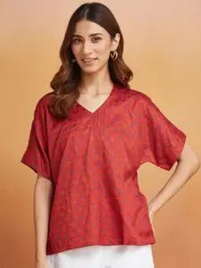 Fabindia Women Ethnic Motifs Print V Neck Short Sleeves Top