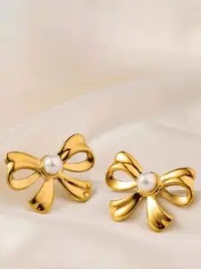 SUBHAGALANKAR Stainless Steel Gold-Plated Bow Shaped Pearl Studs Earrings