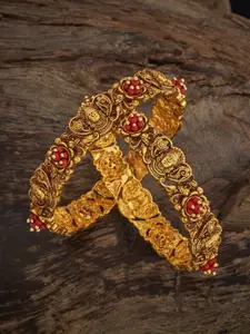 Kushal's Fashion Jewellery Set Of 2 Coral Gold-Plated Artificial Stones Antique Bangles