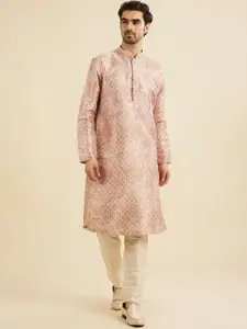 Manyavar Floral Embroidered Art Silk Mandarin Collar Straight Kurta With Pyjama