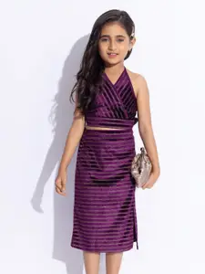 taffykids Girls Self Design Halter Neck Crop Top With Slit Skirt