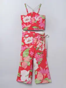 taffykids Girls Floral Printed Shoulder Straps Crop Top With Trousers