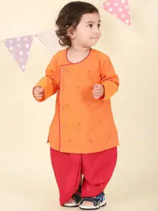 Fabindia Boys Floral Embroidered Angrakha Pure Cotton Straight Kurta With Dhoti Pants