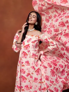 Sangria Floral Printed Off Shoulder Anarkali Kurta With Trousers And Dupatta