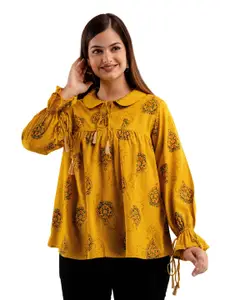 DMP FASHION Women Ethnic Motifs Printed Bell Sleeves Tie-Up Neck Cotton A-Line Top