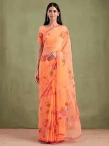 Geroo Jaipur Orange Hand Painted Chiffon Saree