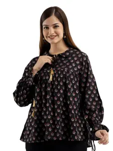 DMP FASHION Women Floral Printed Tie-Up Neck Cotton Top